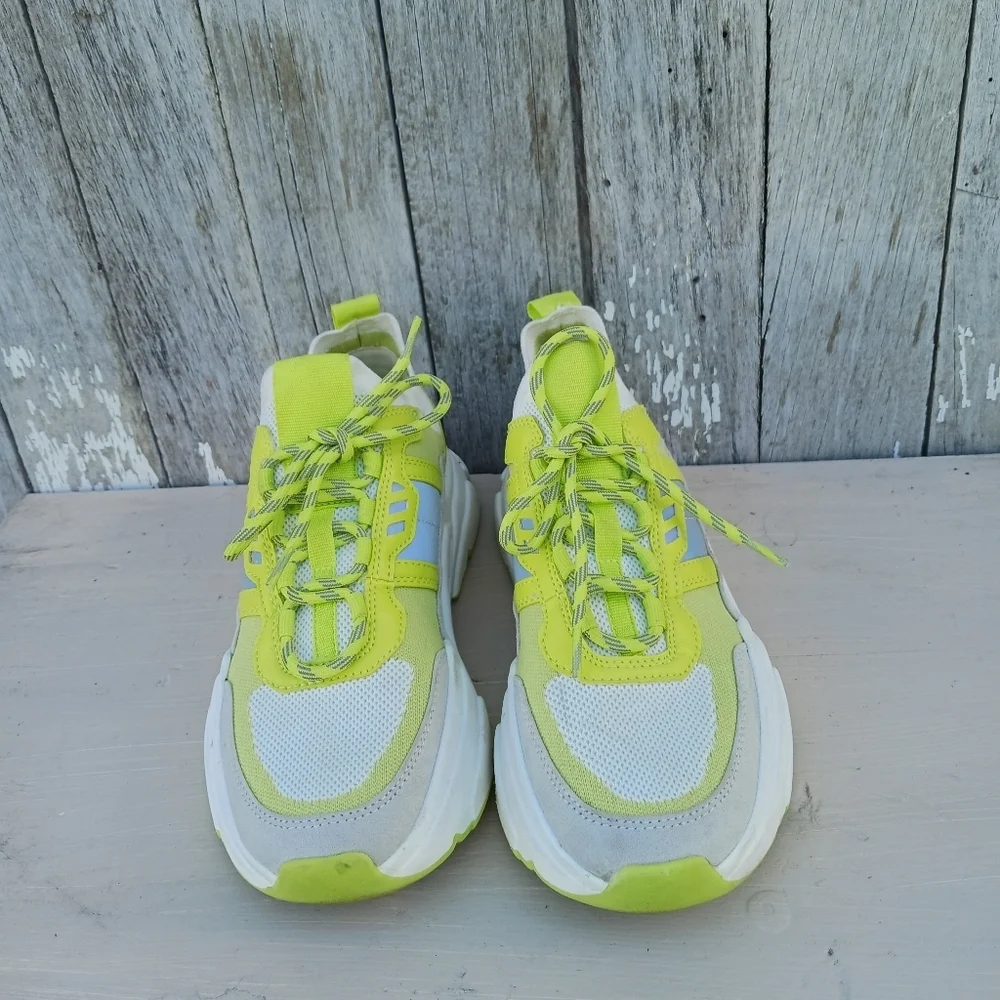 H&M‎ Womens Sz 6 Neon Green Highlighter Lace Up Chunky Style Trainers Sneaker